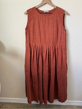Linenfox Rust Orange Linen-Blend Midi Dress